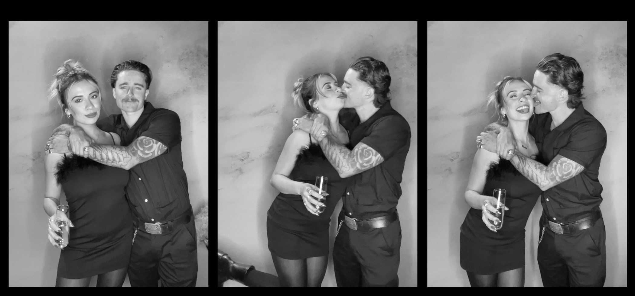 A black and white photo strip of three frames of a couple laughing together