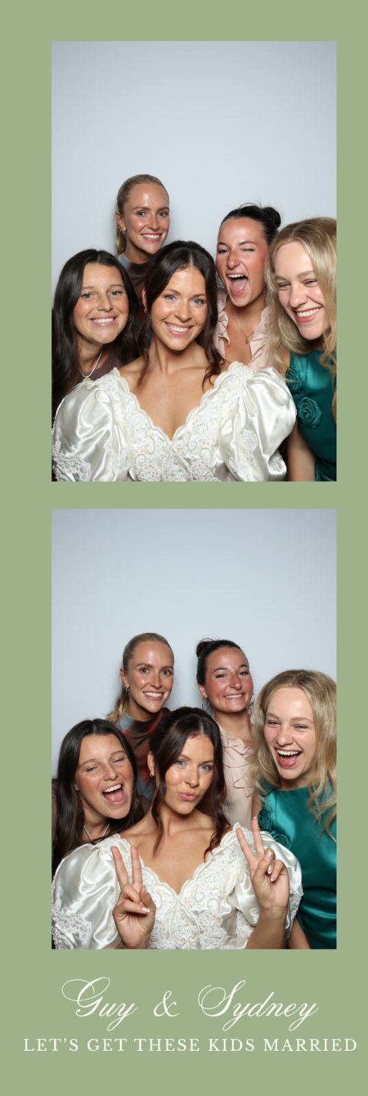 Sage green photo strip of a woman in a white dress and friends, captioned Let's get these kids married