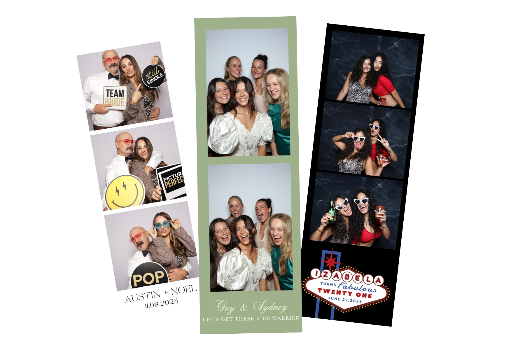 Three sample photo strips in different designs showing guests posing, some with prop signs and sunglasses